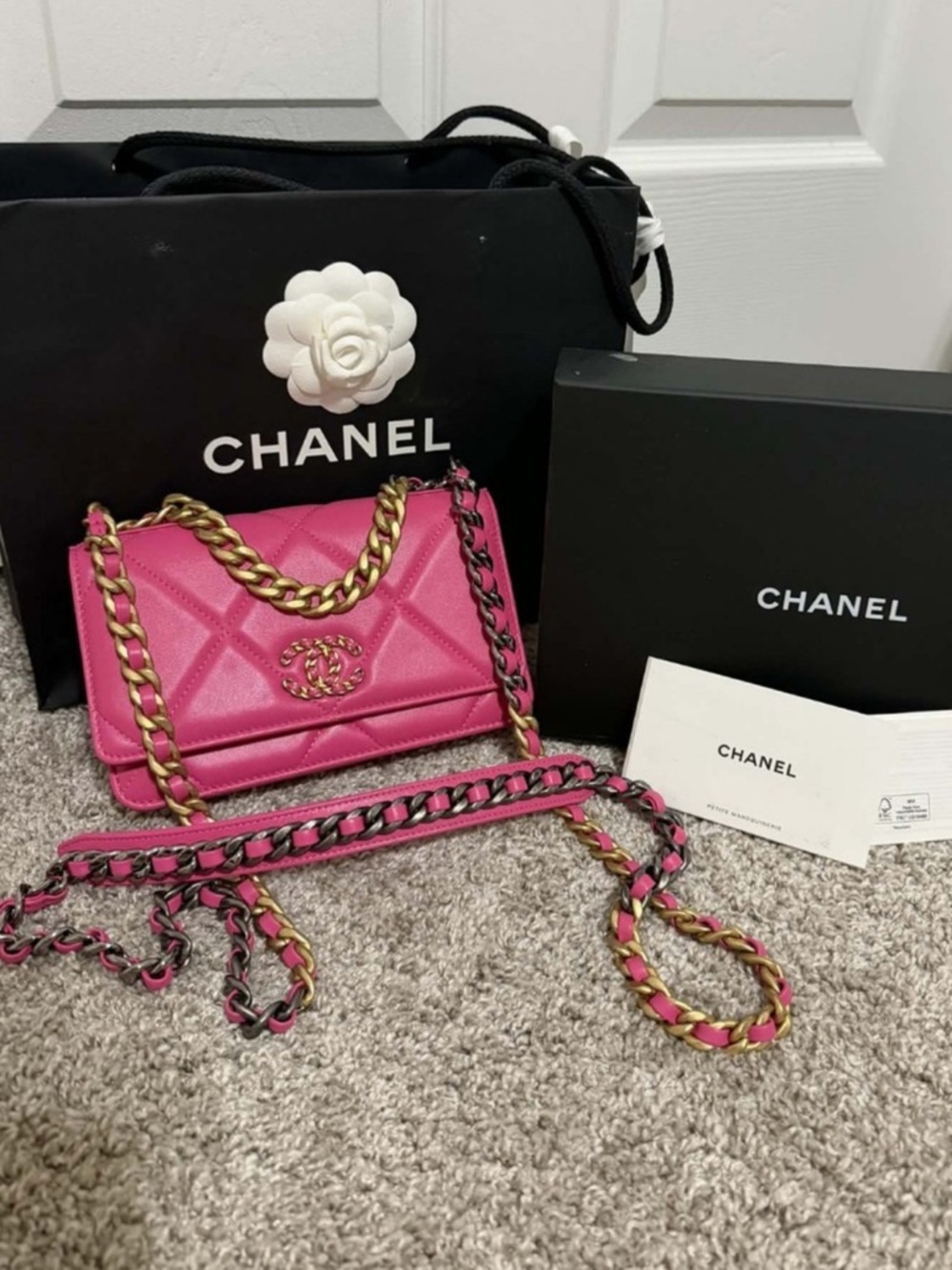 CHANEL Pink Lambskin 19 Wallet-On-Chain with Gold & Black Chain
